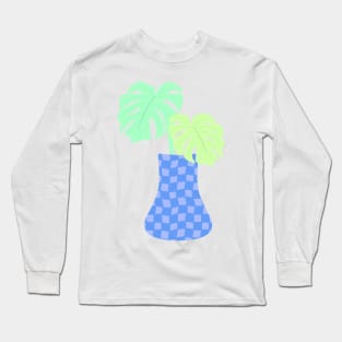 Monstera Deliciosa leaves in checkerboard vase Long Sleeve T-Shirt